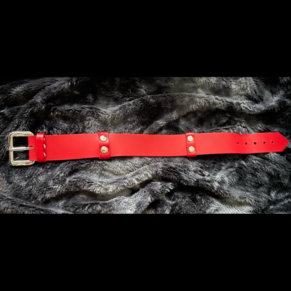 BDSM craft red leather collar with buckle, bondage kinky fetish
